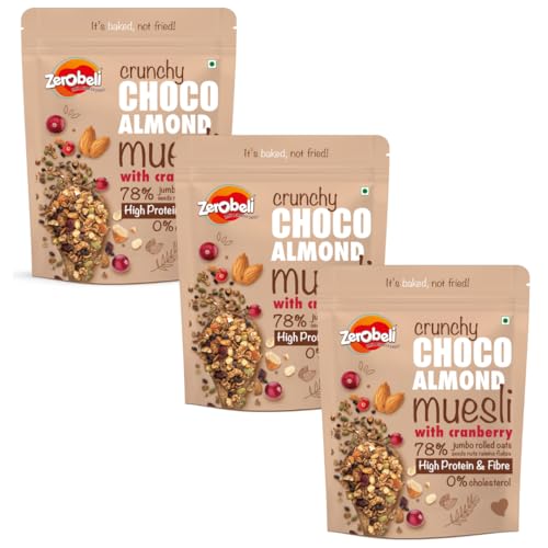 Image of Zerobeli Dark Chocolate Almond Muesli 425g (Pack of 3) Cereals for breakfast rich in Multigrain, protein, fibre Almonds, Pumpkin Seeds and Cranberry|100% Wholegrain | Rich in Antioxidants