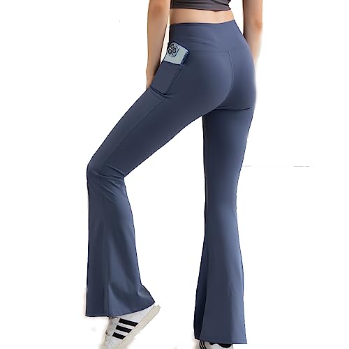 GMIFUN Flared Workout Yoga Pants Leggings for Women Elastic Waist Tummy Control Wide Leg Boot Cut Skinny Dress Pants(Blue,L)