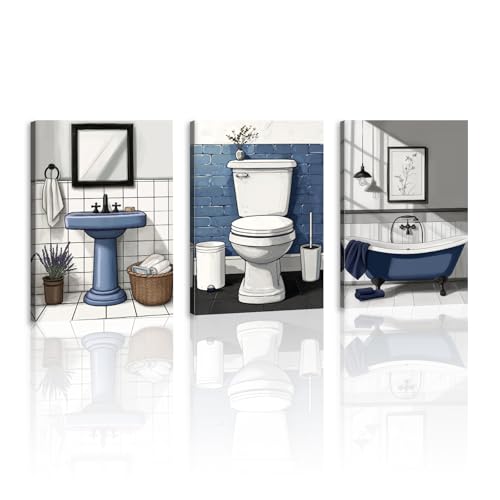 JINLUNTA 3 Piece Blue Bathroom Canvas Wall Art Rustic Farmhouse