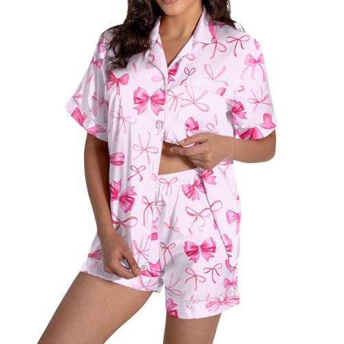 Image of Valentines Pajamas For Women Short Sleeve 2 Piece Set Valentine Day Outfit Bow Heart Print Button Soft Sleepwear