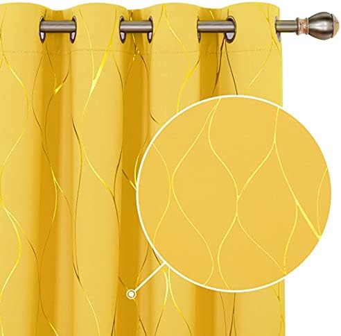 Deconovo Blackout Curtains, Eyelet Curtains, Gold Wave Foil Printed Thermal Insulated Curtains for Boys Bedroom, 46 x 72 Inch (Width x Length), Grey, One Pair