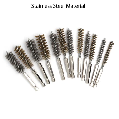 Image of 12pcs Bore Brush for Drill, 1 /4 inch Hex Shank Stainless Steel Twisted Wire Brush for Drill, Bristle Round Wire Brush with Different Sizes, Tube Pipe Cleaner for Rust (Diameter 8,10,12,15,17,19mm)