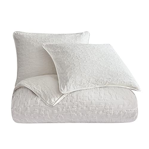 Image of HiEnd Accents Porto Matelasse 3 Piece Comforter Set with Pillow Shams, Queen Size, Cotton Vintage White Textured Modern Boho Chic Casual Luxury Bedding, 1 Comforter, 2 Pillowcases