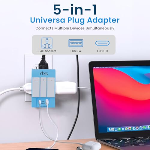 Image of Rts 3 Pin Multi Plug Socket-Worldwide Universal Travel Adapter with USB Ports & Type-C PD Individual Switch Safety Shutter LED Indicator-3 Way Plug Socket (5A-250V) Type D Plug for Home Office Blue