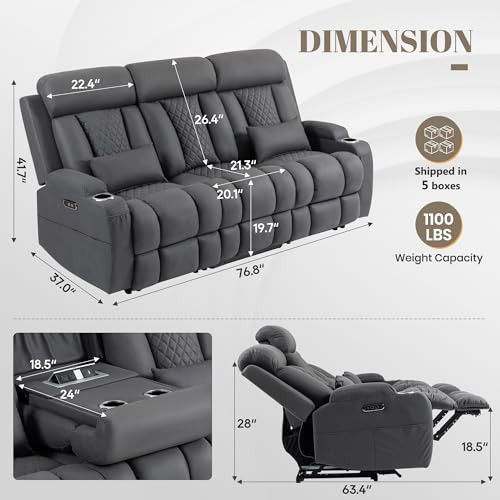Image of Zero Wall Hugger Power Reclining Sofa with Adjustable Headrest, Electric Reclining Couch with Drop-Down Table,Outlets, Power Loveseat Recliner Sofa for Living Room (Gray, 3 Seat)