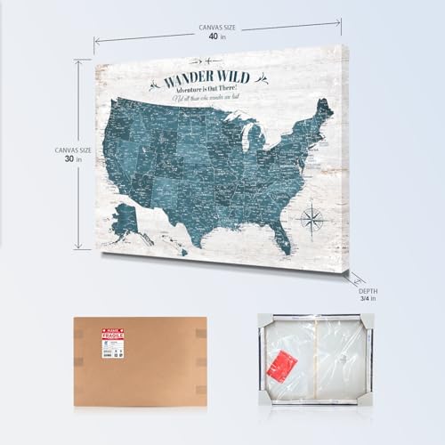Image of IPIC - Antique Blue USA Travel Map, Pin Board Canvas Wall Art, Travel Map with Pins Included, Ready to Hang for Home or Office, 40x30 Inch