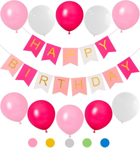 Decoration Anniversaire Rose Fille,Guirlande Joyeux Anniversaire,Ballon Anniversaire Rose Blanc,Happy Birthday Decoration,Joyeux Anniversaire Decoration Femme,Happy Birthday Bannière (Rose)