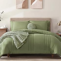 Monbix Queen Comforter Set - 7 Pieces Light Sage Green Bed in a Bag Queen Bedding Sets with Comforters, All Seasons Comforter Bed Set with Sheets, Pillowcases & Shams
