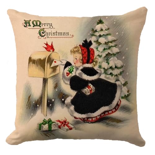 CarOptics Vintage Christmas Pillow Cover 18x18 Inch, Little Girl Sending Letter Winter Holiday Decorative Cushion Cover, Festive Throw Pillow Case for Sofa or Bed