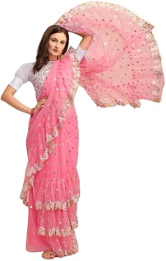 JATRIQQ Designer Embroide Net Ruffle Saree
