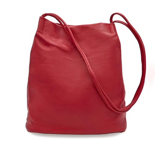 Image of Woodland Leathers Women's Medium Size Vegan Leather Hobo Bucket Tote Handbags For Women - Elegant Black Handbag With Long Straps, Stylishly Spacious Designer Elegance bags for women (Red)