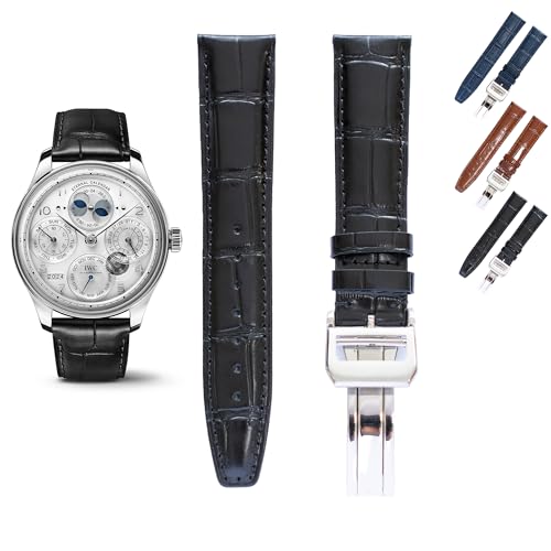 Crocodile Leather Straps For IWC Portuguese Watches, Croco Watch Band With Deployment Clasp For IWC Portofino Watches (21mm, Black)