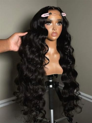 Body Wave przezroczysta koronka przodu peruki z ludzkich włosów wstępnie oskubane z dzieckiem 200% gęstość peruka na przód wody dla kobiet naturalne(40 Inch)