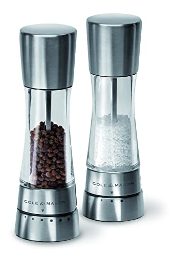 Cole & Mason Derwent młynki do soli i pieprzu, regulowane ustawienia mielenia, Gourmet Precision+, stal nierdzewna/akryl, 190 mm, zestaw prezentowy, zawiera 2 młynki do soli i pieprzu