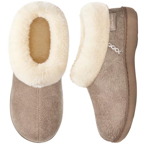 EverFoams Women's Microsuede Cozy Memory Foam Winter Slippers with Fuzzy Faux Fur Collar and Indoor Outdoor Rubber Sole (Taupe, Size 7-8 M US)