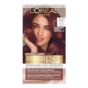 L’Oréal Paris Excellence Universal Nudes Permanent Hair Color, Ammonia Free Hair Dye for Gray Hair Coverage, 4NR Natural Dark Red, 1 Hair Dye Kit
