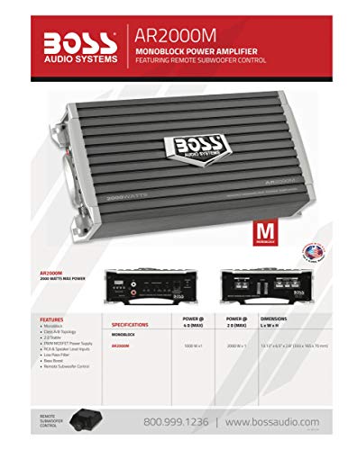 Boss Audio Systems Ar2000M Monoblock Car Amplifier - 2000 Watts, 2-4 Ohm Stable, Class A-B, Mosfet Power Supply, Gray #TOP6