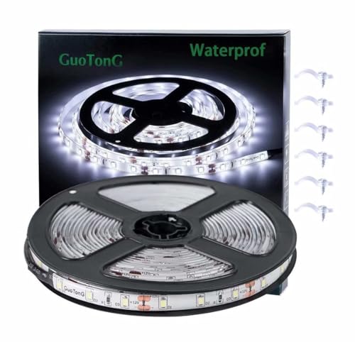 GUOTONG White LED Strip Lights, Waterproof Cuttable 300 SMD 2835
