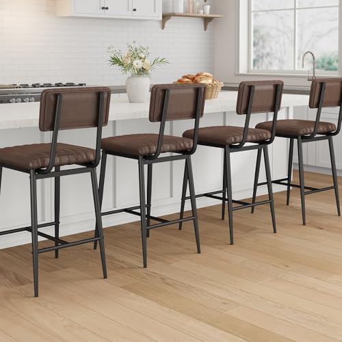 Butacos IDEALHOUSE, Set de 6 unidades, con respaldo y reposapiés, altura para barra, asiento acolchado grueso y patas metálicas reforzadas, color marrón