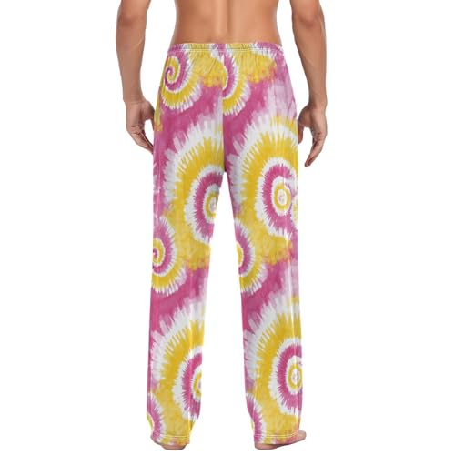 Vdsrup Men's Pajama Pants Tie Dye Yellow Pink Pajama Pants for Men PJs Bottoms Drawstring Pockets Sleep Lounge Pants S2