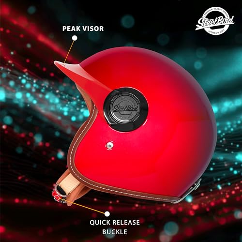 Image of Steelbird SBH 65 Retro 3.0 DOT and ISI Certified Open Face Helmet for Men and Women (Medium 580 MM,Glossy Cherry Red)