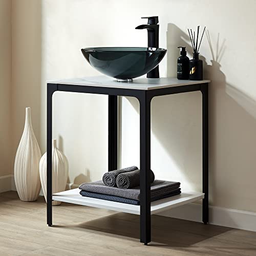 Alphaucet 24 Inch Industry Bathroom Vanity, Hotel Modern Vanity Set With Tempered Glass Hand Painted Round Vessel Sink, Sintered Stone Countertop Matt Black Metal Bathroom Vanity #TOP1