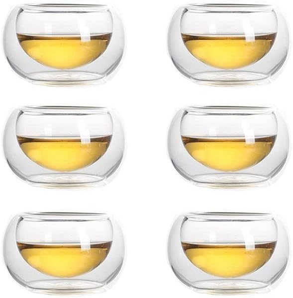 Ceramic Teacups Set of 3-1.69oz Small Double-Walled Glass Tea Cups, Heat Insulated for Kung Fu Tea, Transparent & Durable, Perfect for Espresso & Herbal Tea(A-Set of 6)