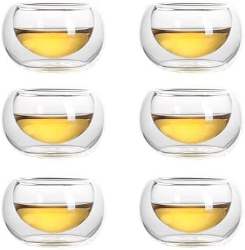 Double Glass Small Teacups, 1.69oz Heat Insulated Tiny Tea Cup, Set of 3 Transparent Glass Tea Cup, Kung Fu Tea Set A-Set of 6