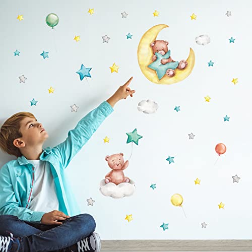 Leuchtsterne Wandtattoo Kinderzimmer Deko, Kleiner Bär Leuchtender Wandaufkleber für Kinder Schlafzimmer, Babybär Leuchtsticker Wandsticker, Leuchtmond Wanddeko Geschenk für Babyzimmer Mädchen Jungen