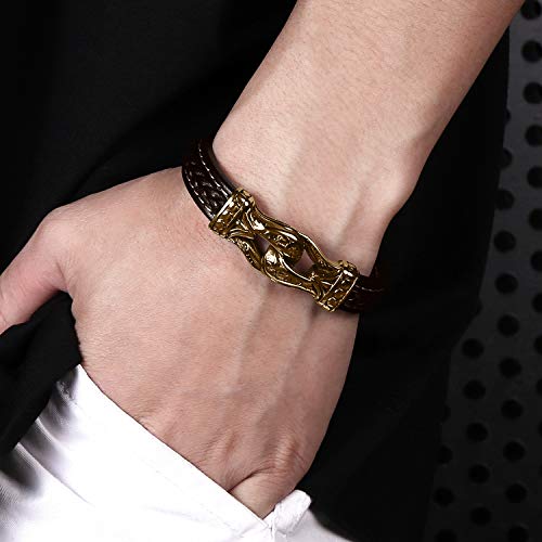 Aizu Viking Bracelet For Men - Brown Genuine Leather And Stainless Steel Bracelets With Gold Magnetic Clasp - Charm Cuff Bangle Wristband For Mens Boys Or Husband 8.3 Inches #TOP2