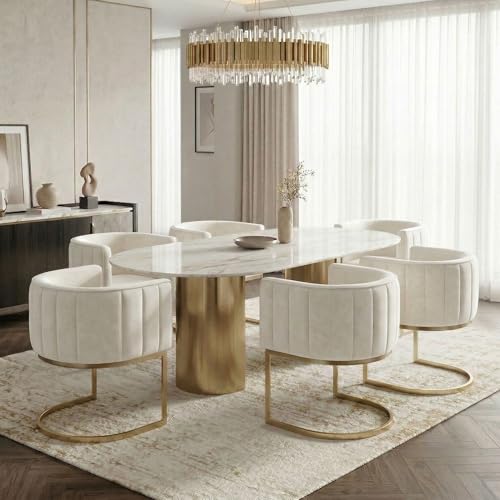Hyfirm Beige & Gold Velvet Dining Chairs Set of 6