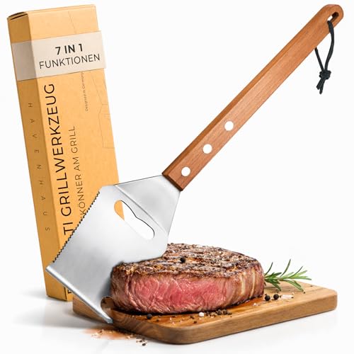 HAVENHAUS Premium Grillspachtel 7 in 1 aus Edelstahl & Akazie – Profi BBQ Werkzeug, Multi Tool – Grill Zubehör & Grillbesteck – edle Grill Geschenke für Männer & Vatertagsgeschenk