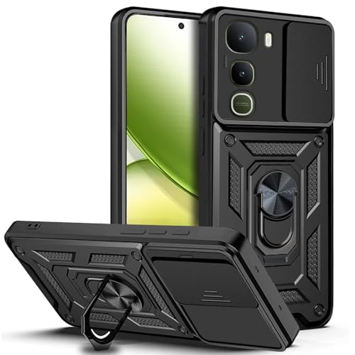 Image of AESTMO Tough Armor Vivo Y400 5G Bumper Back Case Cover | Ring Holder & Sliding Camera Shield Cover | 360 Degree Protection Back Case Cover for Vivo Y400 5G (Black)