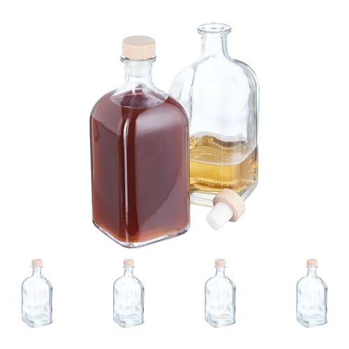 Relaxdays Flaschen zum Befüllen, 6er Set, 500 ml, mit Korken, für Öl, Essig, Schnaps, Likör, Glasflasche, transparent