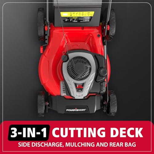 Image of PowerSmart 21 inch Self-Propelled Gas Lawn Mower, 140cc Briggs & Stratton Engine, 3-in-1 Mulching /Bagging /Side Discharge, 6 Cutting Heights, Durable Steel Deck, Rear-Wheel Drive for Yard & Garden