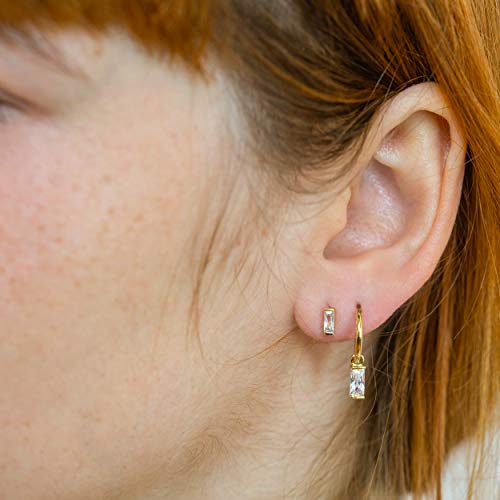 Columbus 14K Gold Dipped Huggie Hoop Earrings - Cz Baguette Charms (Gold Baguette Charm) #TOP4