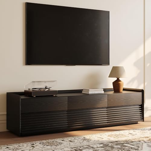 Image of POVISON Fully-Assembled Mid Century Modern TV Stand, 70.87 inch Entertainment Center with LED Light, Black Walnut Solid Wood TV Console for Living Room, TV Stand with Storage