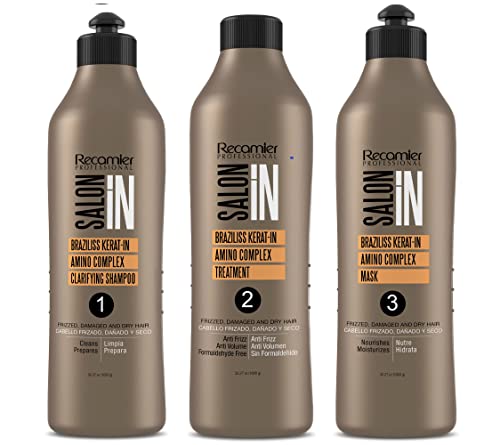 Recamier SalonIn Braziliss Kerat-in Amino Kit Complex Frizzed Damaged & Dry Hair Para Cabello Frizzado Dañado y Seco: Clarifying Shampoo, Treatment, Mask 33.8oz(1000ml) x3