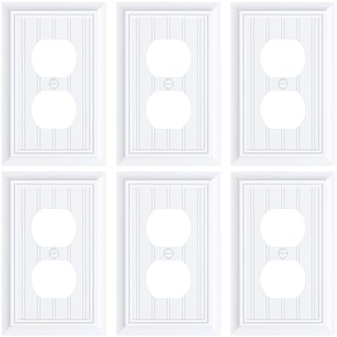 6-Pack Classic Beadboard Duplex Outlet Cover Plate, Decorative Switch Plates and Outlet Covers, Natural Bamboo Fiber Wall Plates for Electrical Outlets, 1 Gang Receptacle Cover,Pure White