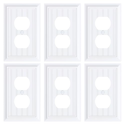 6-Pack Classic Beadboard Duplex Outlet Cover Plate, Decorative Switch Plates and Outlet Covers, Natural Bamboo Fiber Wall Plates for Electrical Outlets, 1 Gang Receptacle Cover,Pure White
