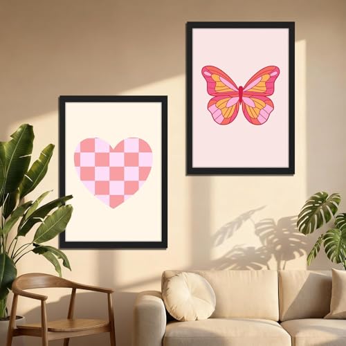 Image of NoWorries Pink Aesthetic Heart & Butterfly Wall Art Framed Painting Set | Cute Minimal Art Prints | Premium 300 GSM Paper Print with Synthetic Wooden Frame | Modern Wall Decor for Bedroom, Living Room, Girls Room & Studio (Set of 2) (BLACK, ART-3, 13X19INCHES)
