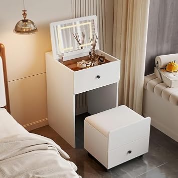 LED Lighted Vanity Table with Flip Top Mirror, Space-Saving Makeup Desk with Tempered Glass Top & Rolling Storage Stool, Elegant White Dresser 80x60 cm