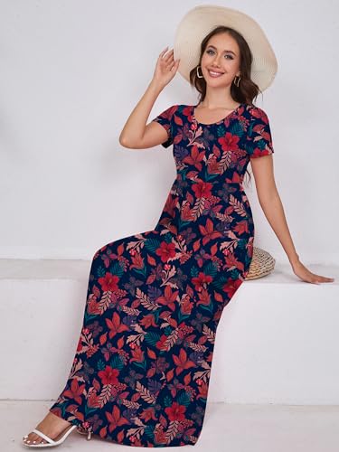 Image of DEARCASE Maxi Dress for Women Short Sleeve Casual Summer Loose Plain Comfy Long Dresses with Pockets