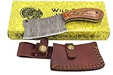 Wild Turkey Handmade Damascus Steel Collection 7' Fixed Blade Chef Cleaver Hatchet w/Leather Sheath (Brown Wood)