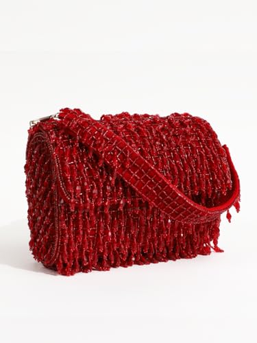 Image of THE TAN CLAN Rosa Red Flap Over Clutch Bag for Women- Elegant Evening Handbag, Purse, Perfect for Weddings, Parties & Special Occasions