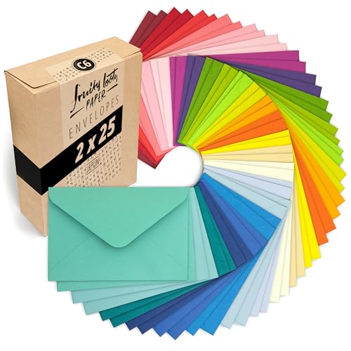 Japun 50 farbige Briefumschläge im Set (2 x 25 Farben) aus Papier Kuvert Umschlag ohne Fenster - din C6-162 x 114 mm - 120 g/m - bunt