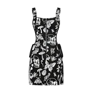 SOLY HUX Women’s Gothic Zipper Bodycon Mini Dress Skull Print Tie Up Sleeveless Mini Dresses