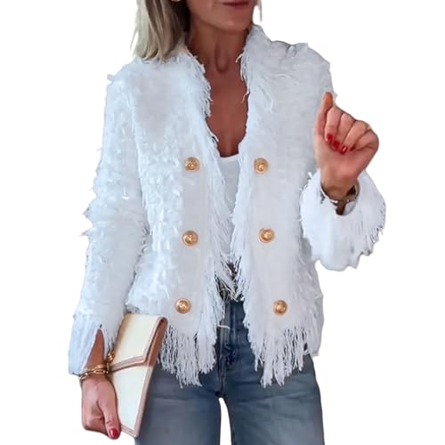 Baxtayel Womens Open Front Cardigan Long Sleeve Fringe Trim Cropped Jacket Casual Work Office Blazer Coats