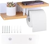 LLCS Portarrollos de papel higiénico con estante – Portarrollos de papel higiénico sin taladrar, soporte para rollos de acero y bambú, soporte para rollos de papel higiénico para cocina y baño, blanco