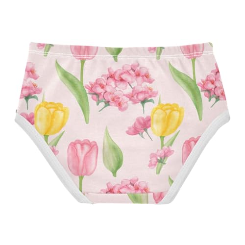 Pink Yellow Tulips Floral Green Leaves Little Girl Panties Toddler Girls Underwear Cotton Fancy Briefs Kids Undies 2t2